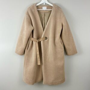 b+ab Tan Wrap Style V-Neck Faux Fur Teddy Bear Fleece Oversized Peacoat